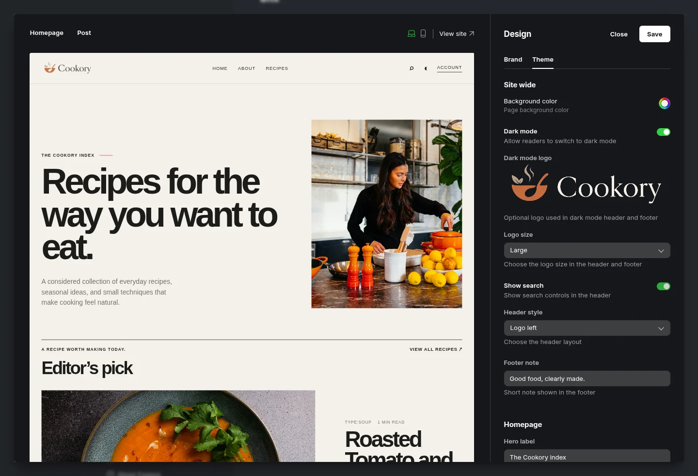 Cookory Ghost theme dashboard preview